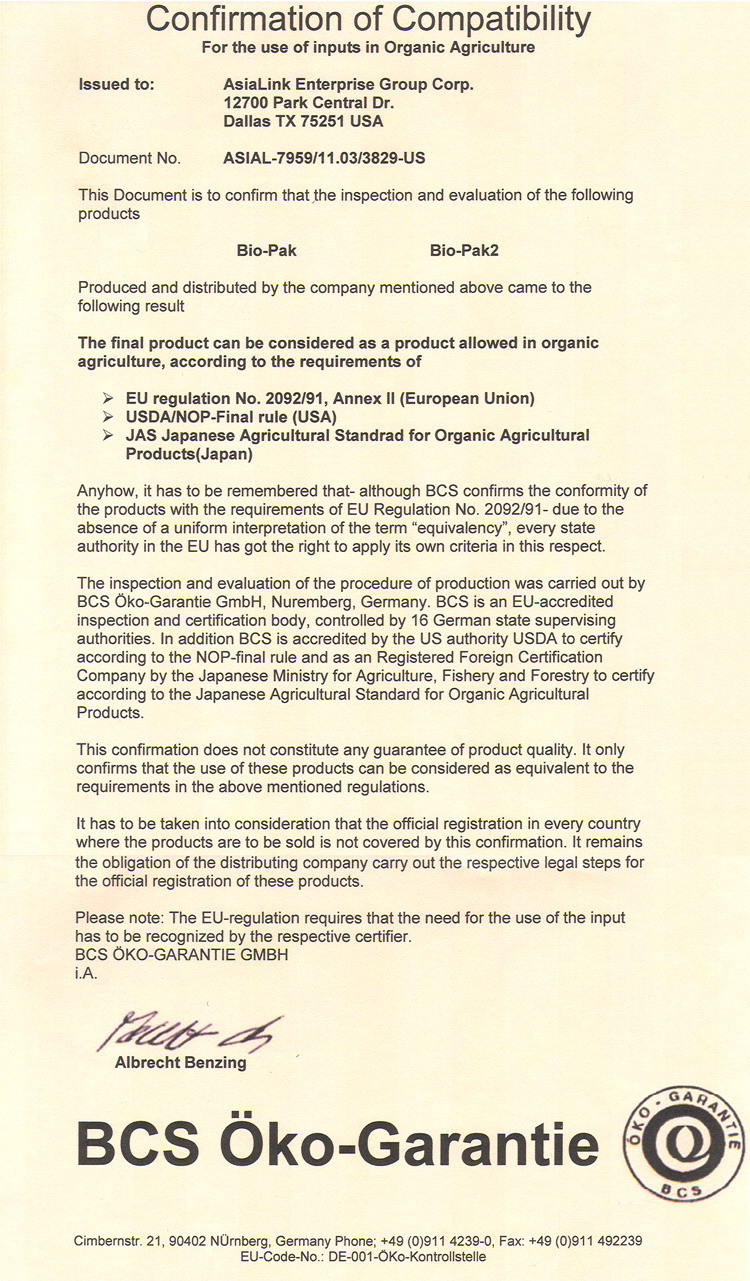 Confirmation of Compatibility BioPak EU